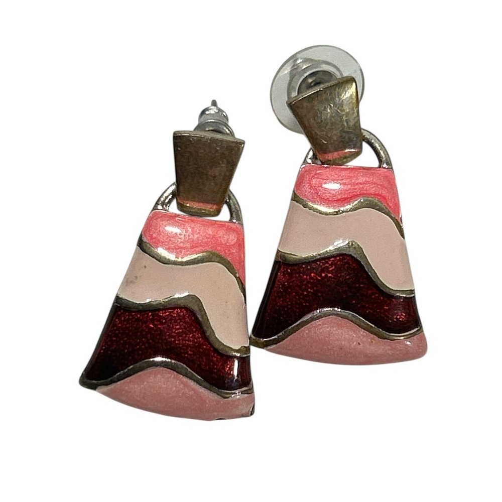 Vintage Pink‎ Burgundy Enamel Wave Trapezoid Drop Earrings Gold Tone Retro Boho